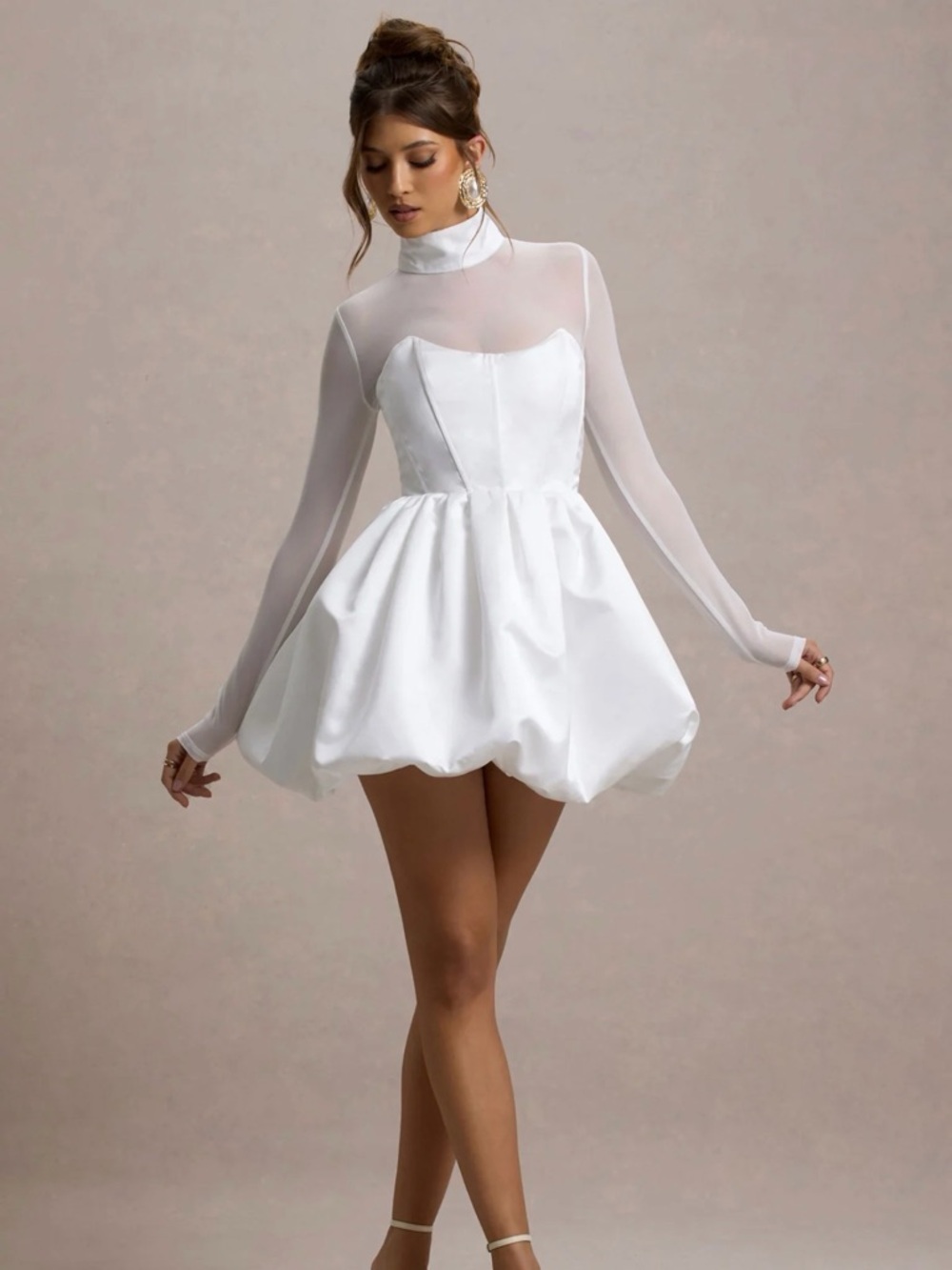 NWT Club London White High-Neck Bubble Hem Mini Dress